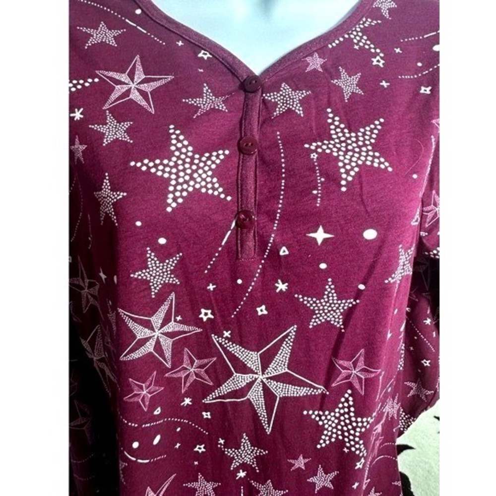 Basic Editions Purple Star Print Long Sleeve Henley Nightgown Sleep Shirt M